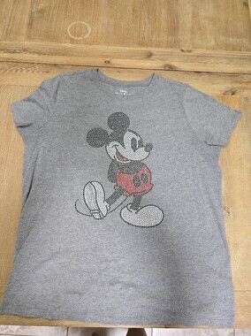 Disney Womens Gray Mickey Mouse Rhinestone Short Sleeve Tee
